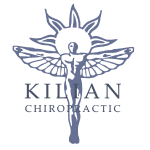 the logo for kilian chiropractic shows a man with wings and a sun behind him .