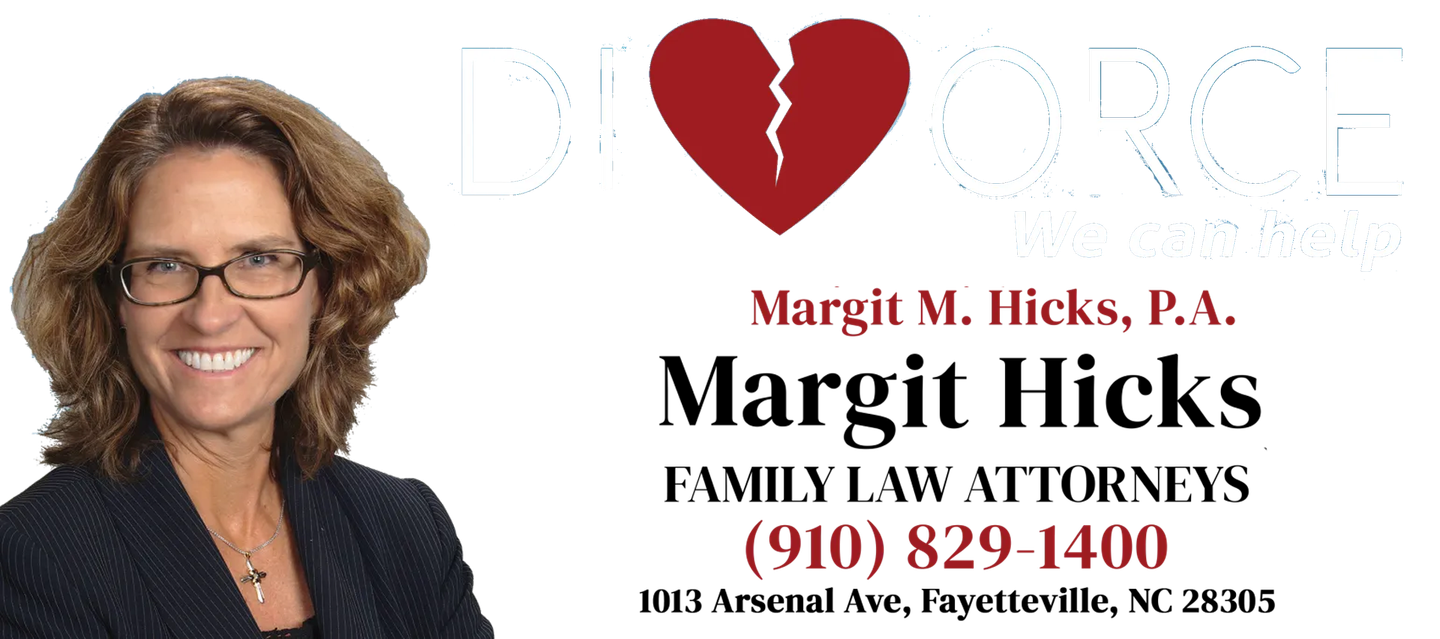 Margit Hicks, Family Law Attorneys: woman in suit with glasses beside broken heart logo and contact info.