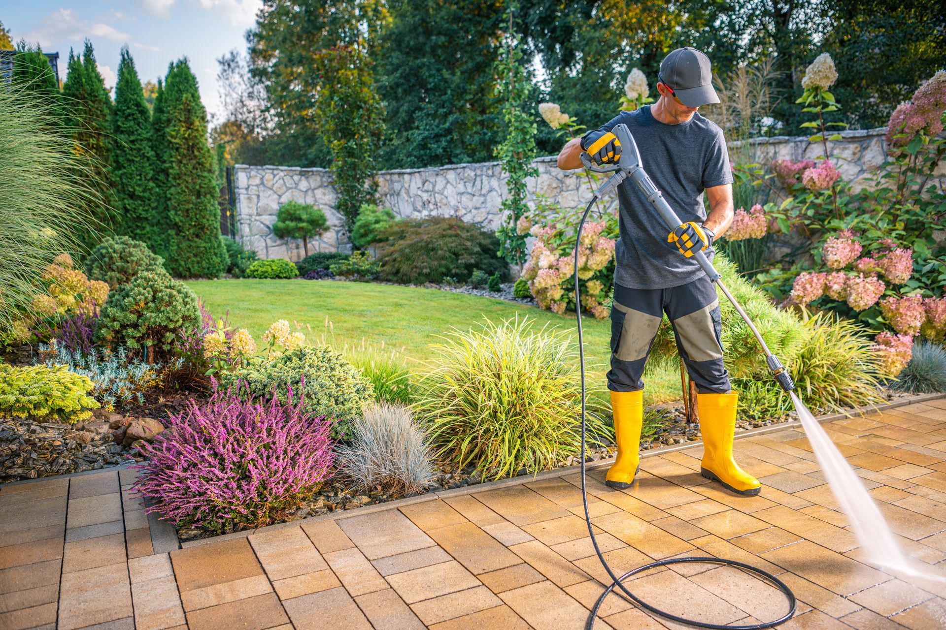 A man is cleaning a patio with a high pressure washer.