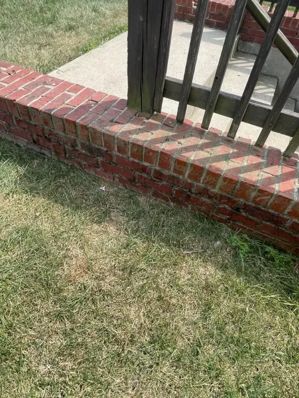 A brick wall is surrounded by grass and a wooden gate.