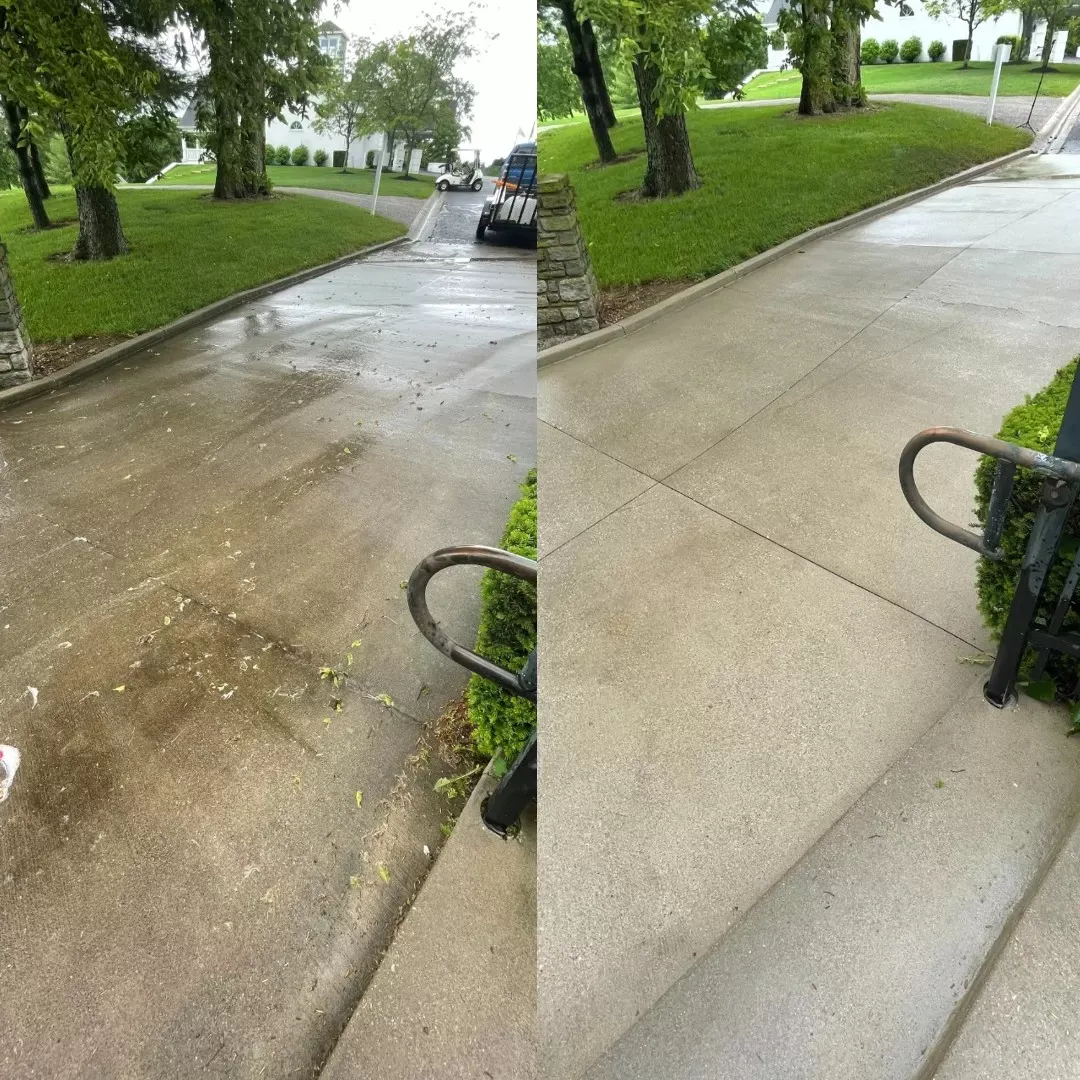 A before and after photo of a concrete sidewalk.