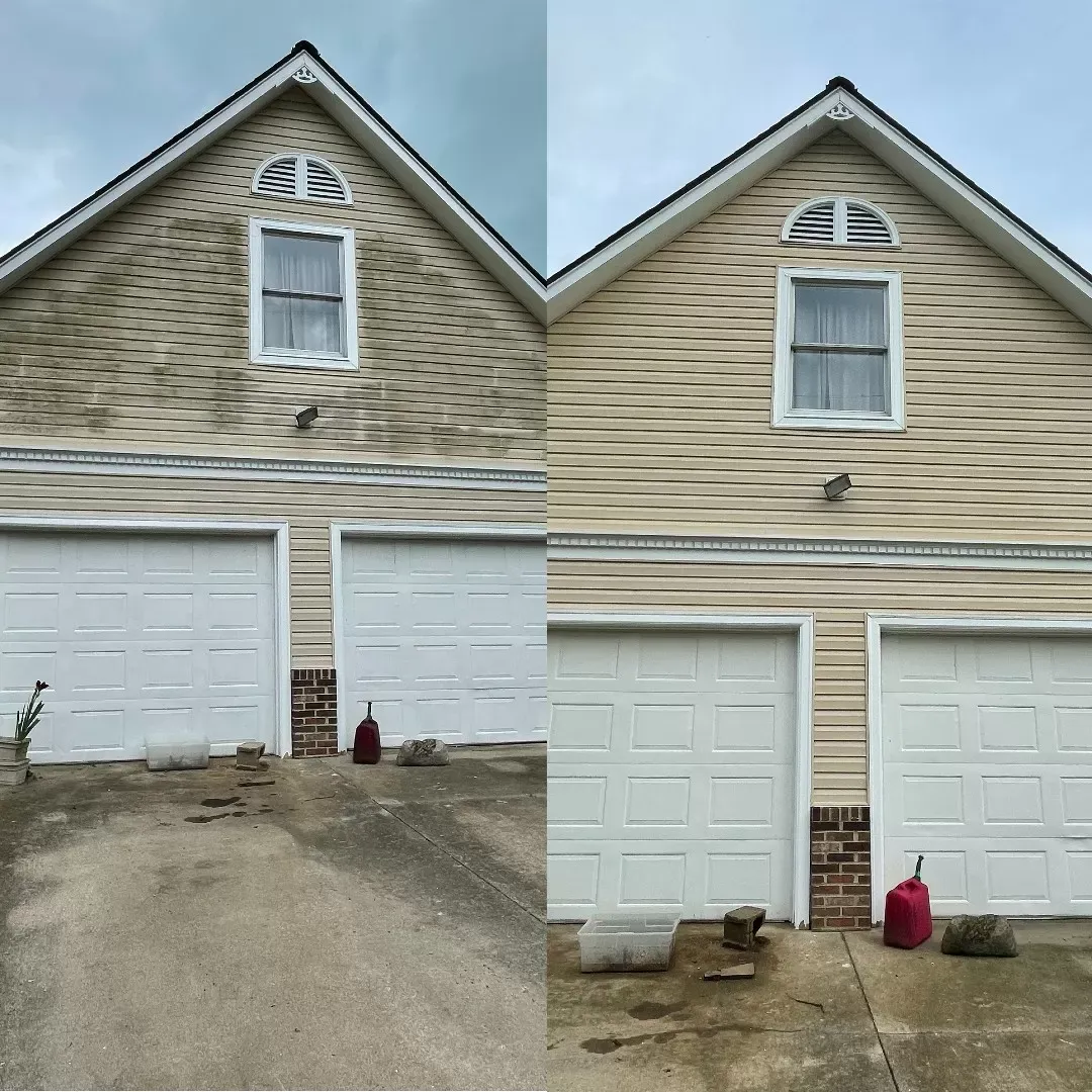 A before and after picture of a house with two garage doors.