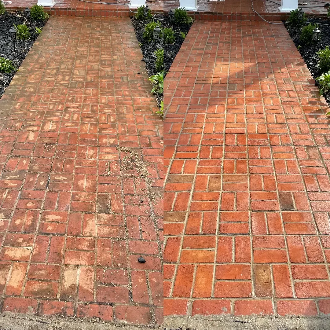 A before and after photo of a brick walkway.