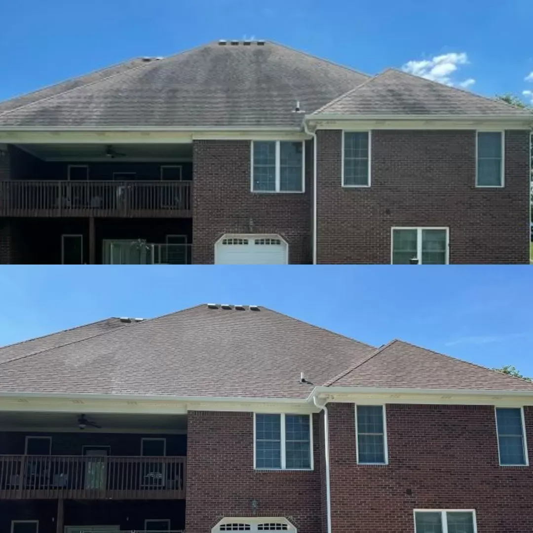 A before and after picture of a brick house with a roof.