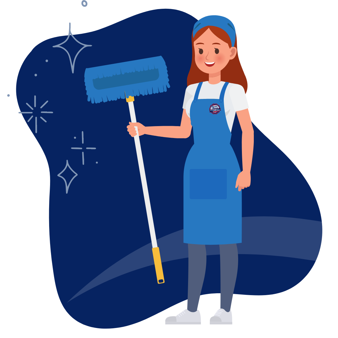 A woman in a blue apron is holding a mop.