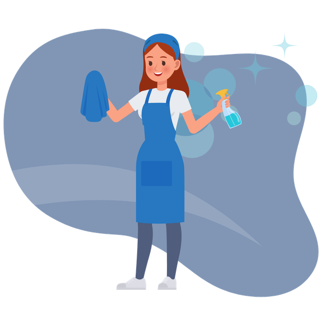 A woman in a blue apron is holding a cloth and a spray bottle.