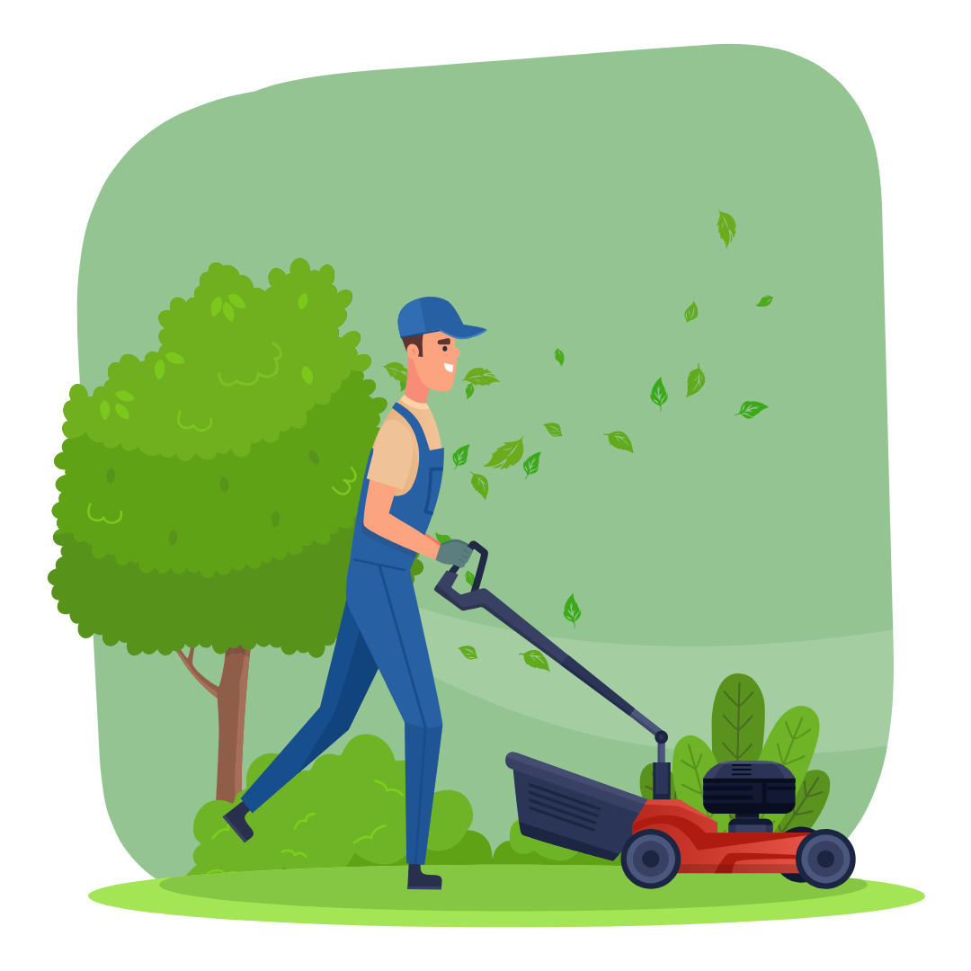 A man is cutting the grass with a lawn mower.