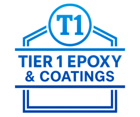 Logo for Tier 1 Epoxy & Coatings, blue and white. Features 