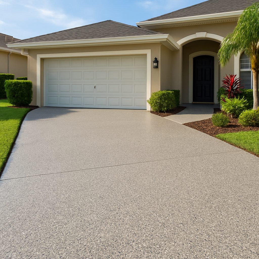 Gray epoxy driveway leading to a beige house with a white garage door and black front door.