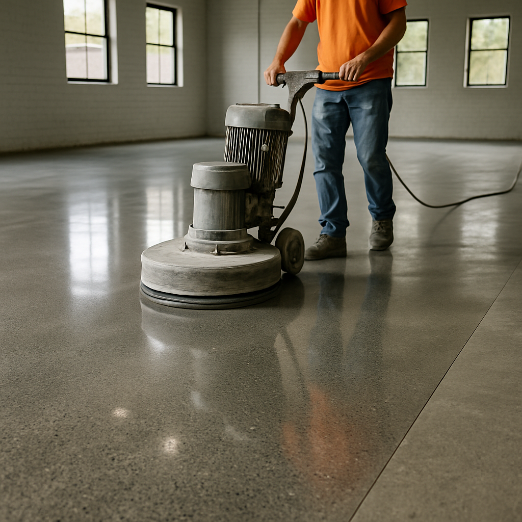 A person in jeans and an orange shirt using a floor grinder on a polished concrete floor.
