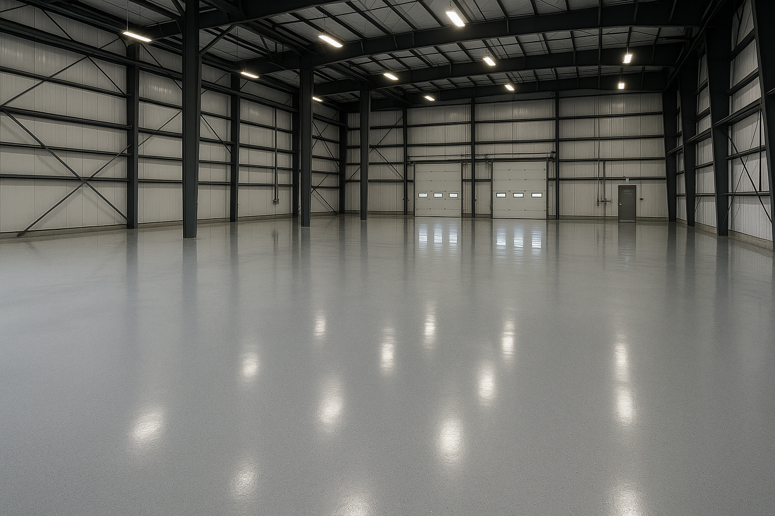 Inside a large, empty industrial warehouse with a shiny gray floor. Steel beams and white walls.