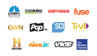 A collage of logos for various tv channels including cnbc world