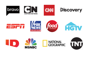 A bunch of tv logos including espn cnn and discovery