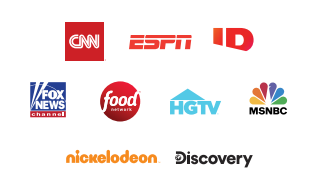 The logos for cnn , espn , fox news , food network , hgtv , msnbc and discovery