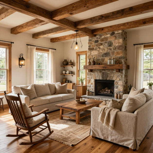 Cozy rustic living room with stone fireplace, exposed beams, beige sofas, and wooden rocking chair