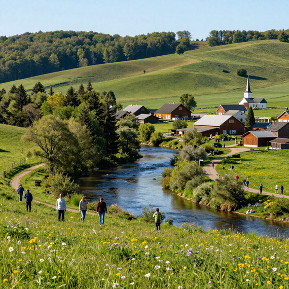 People walking along a river in a green countryside village with rolling hills and a church