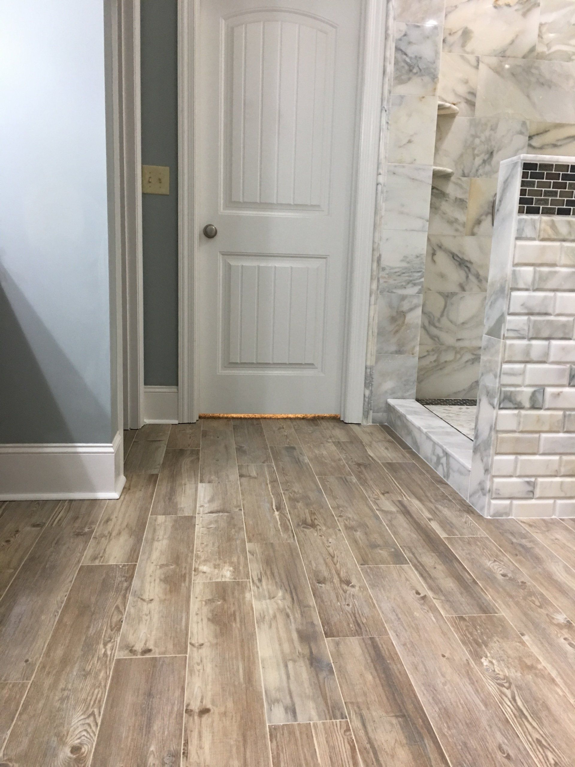 Bathroom with wood-look tile floor, white door, light blue wall, and marble shower.