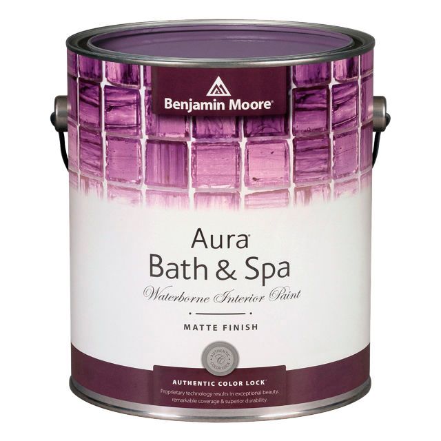 A can of benjamin moore aura bath and spa paint.