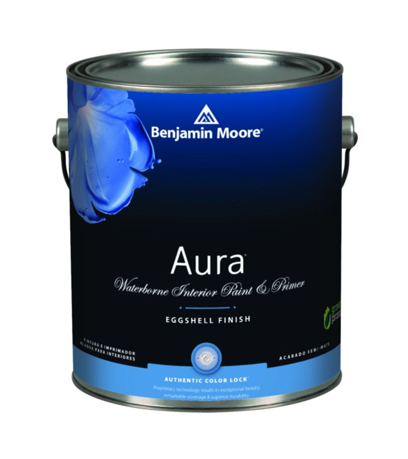 A can of benjamin moore aura eggshell finish paint.