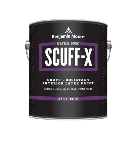 A can of benjamin moore ultra spec scuff-x interior latex paint.