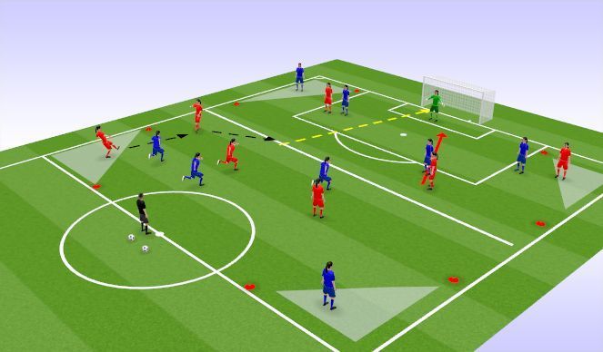 A group of people are playing soccer on a field.