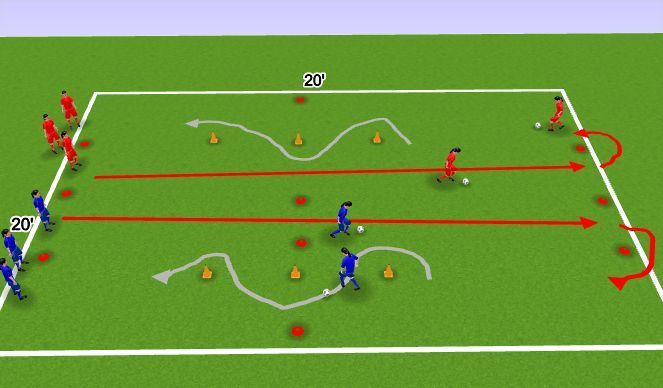 A group of soccer players are playing a game on a field.