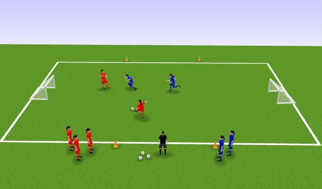 A group of people are playing soccer on a field.