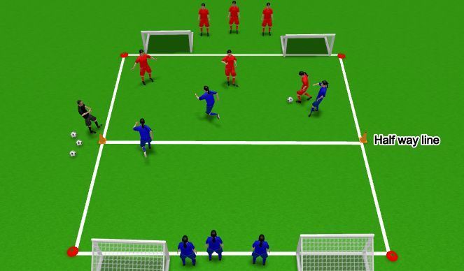 A soccer game is being played on a green field