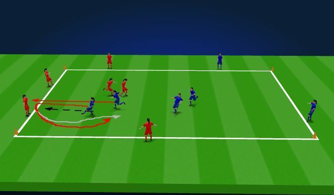 A group of soccer players are playing a game on a field.