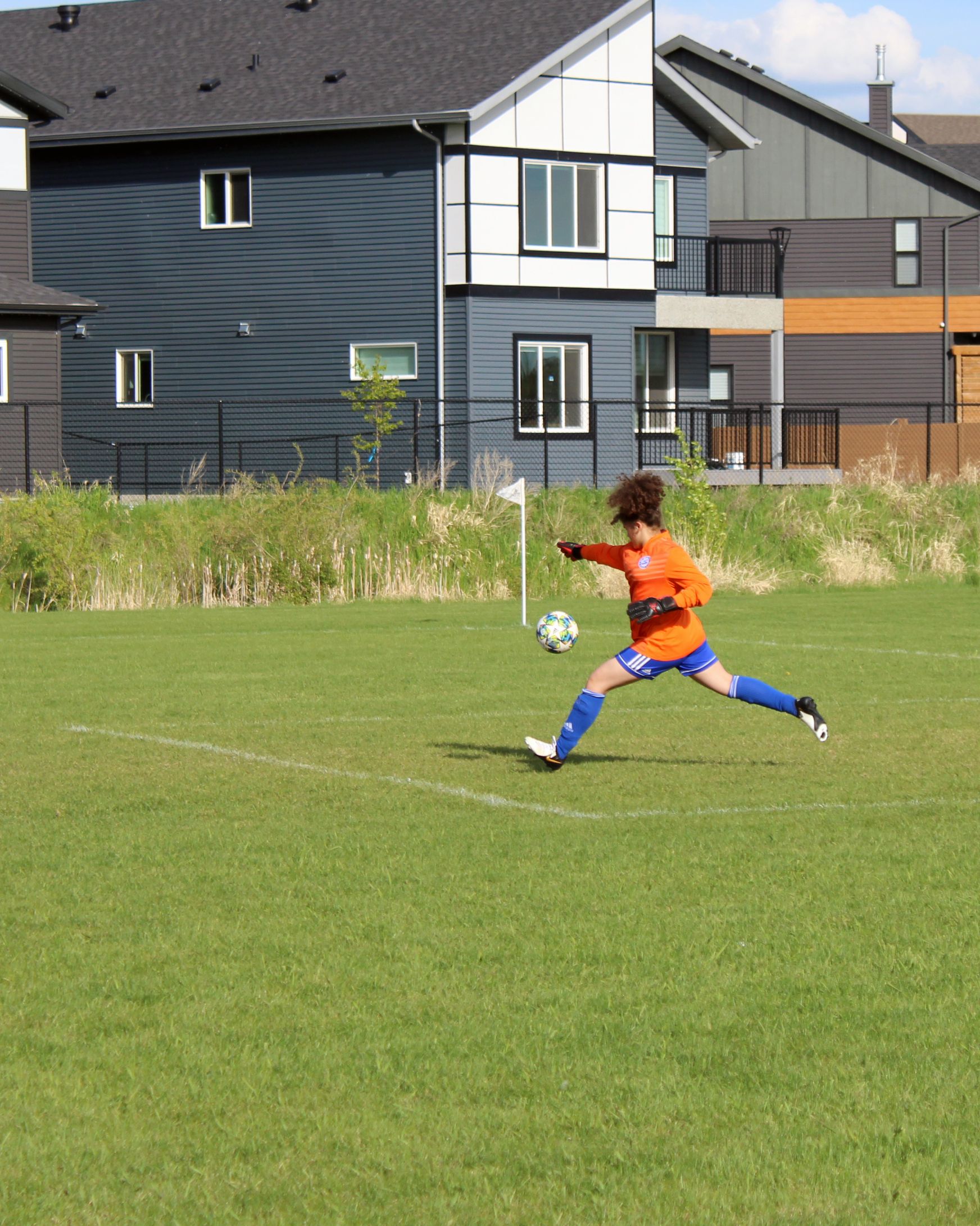 A person is kicking a soccer ball on a field