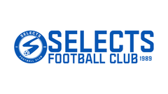 A blue and white logo for selects football club 1989