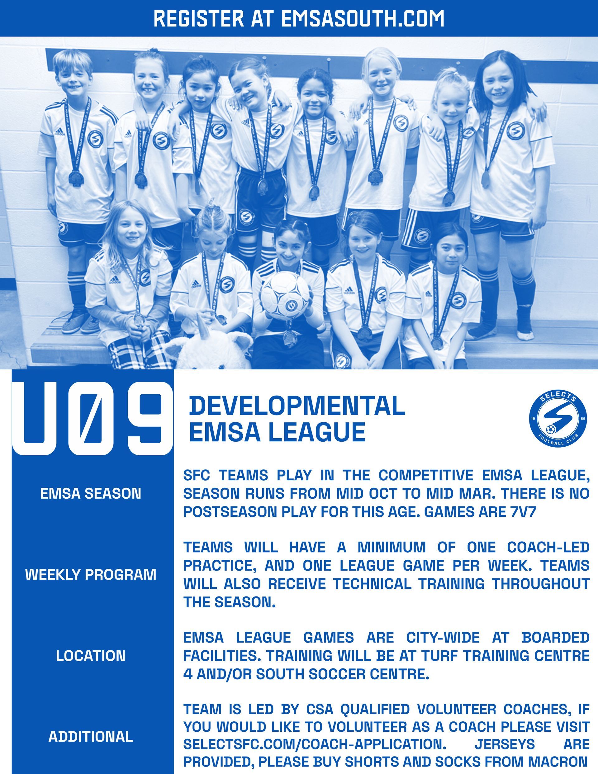 A poster for a soccer team called developmental emsa league