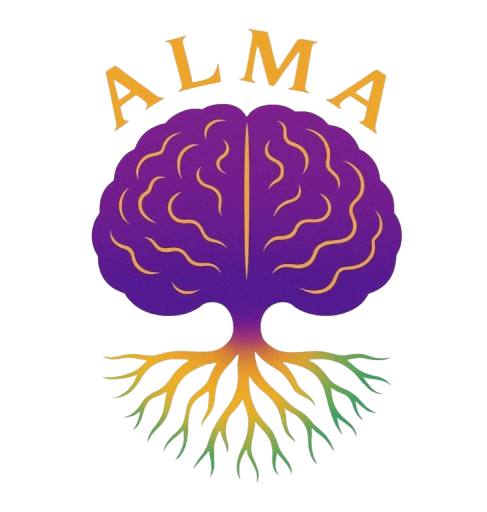 Árbol de cerebro morado con raíces doradas,