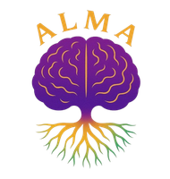 Árbol cerebro morado con raíces amarillas y la palabra ALMA en letras doradas encima.
