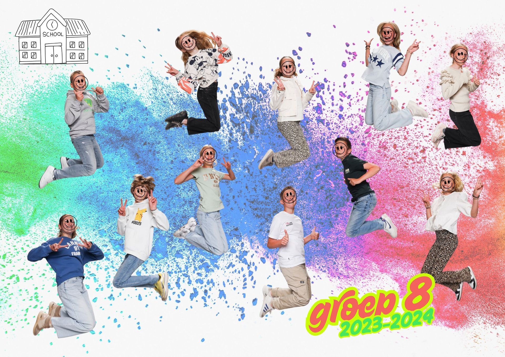 schoolfoto, groepsfoto, klassenfoto, afscheidsfoto, groep 8 foto, springen