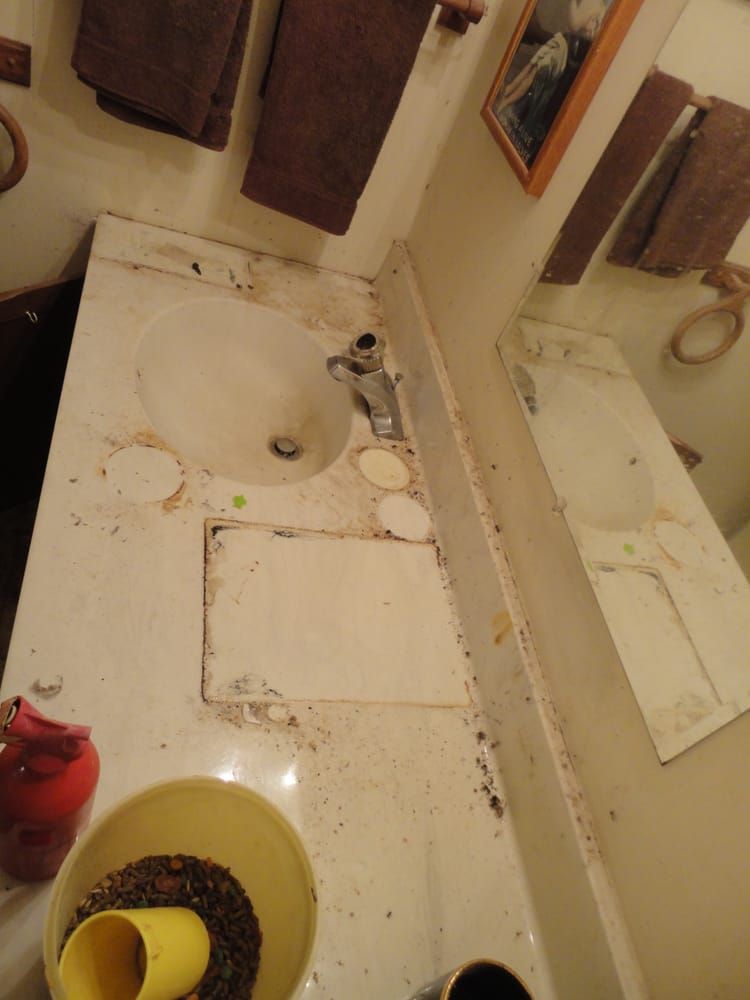 A bathroom counter with a sink and a mirror