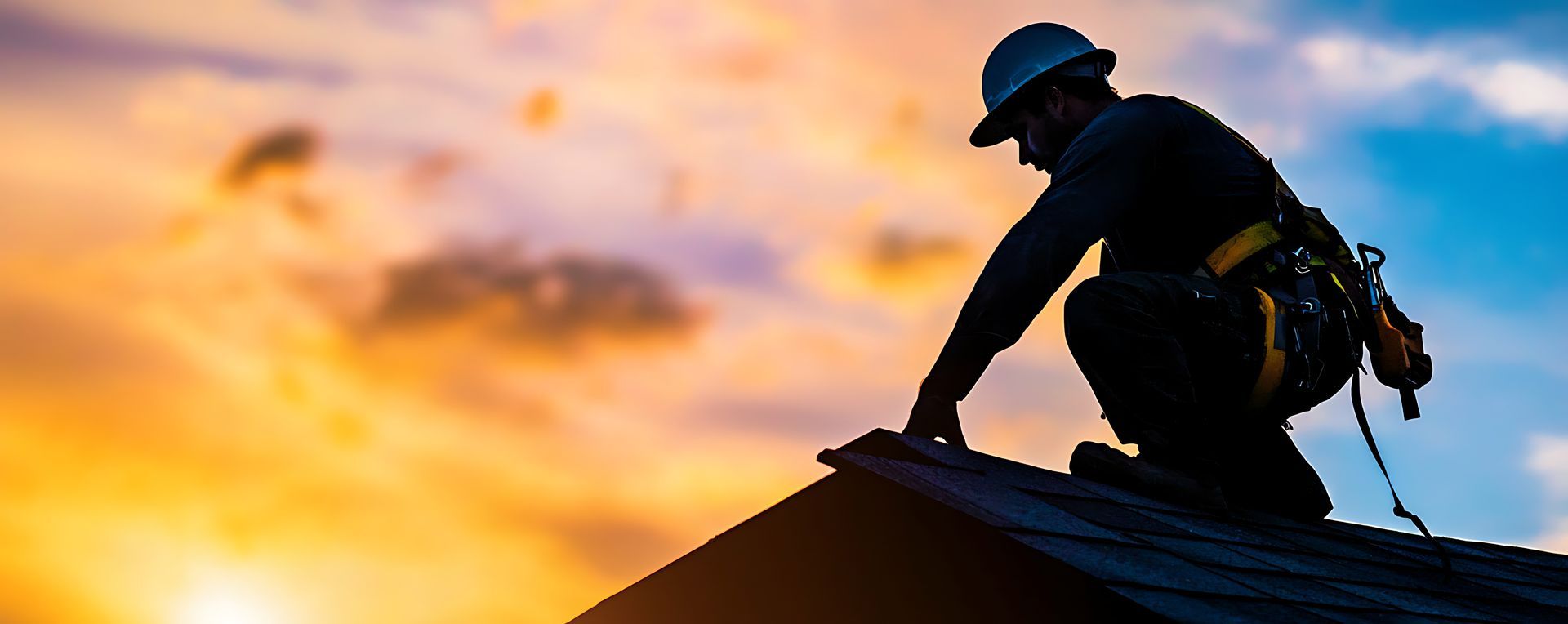 Roofer silhouetted on a rooftop at sunset, securing shingles while wearing safety gear.