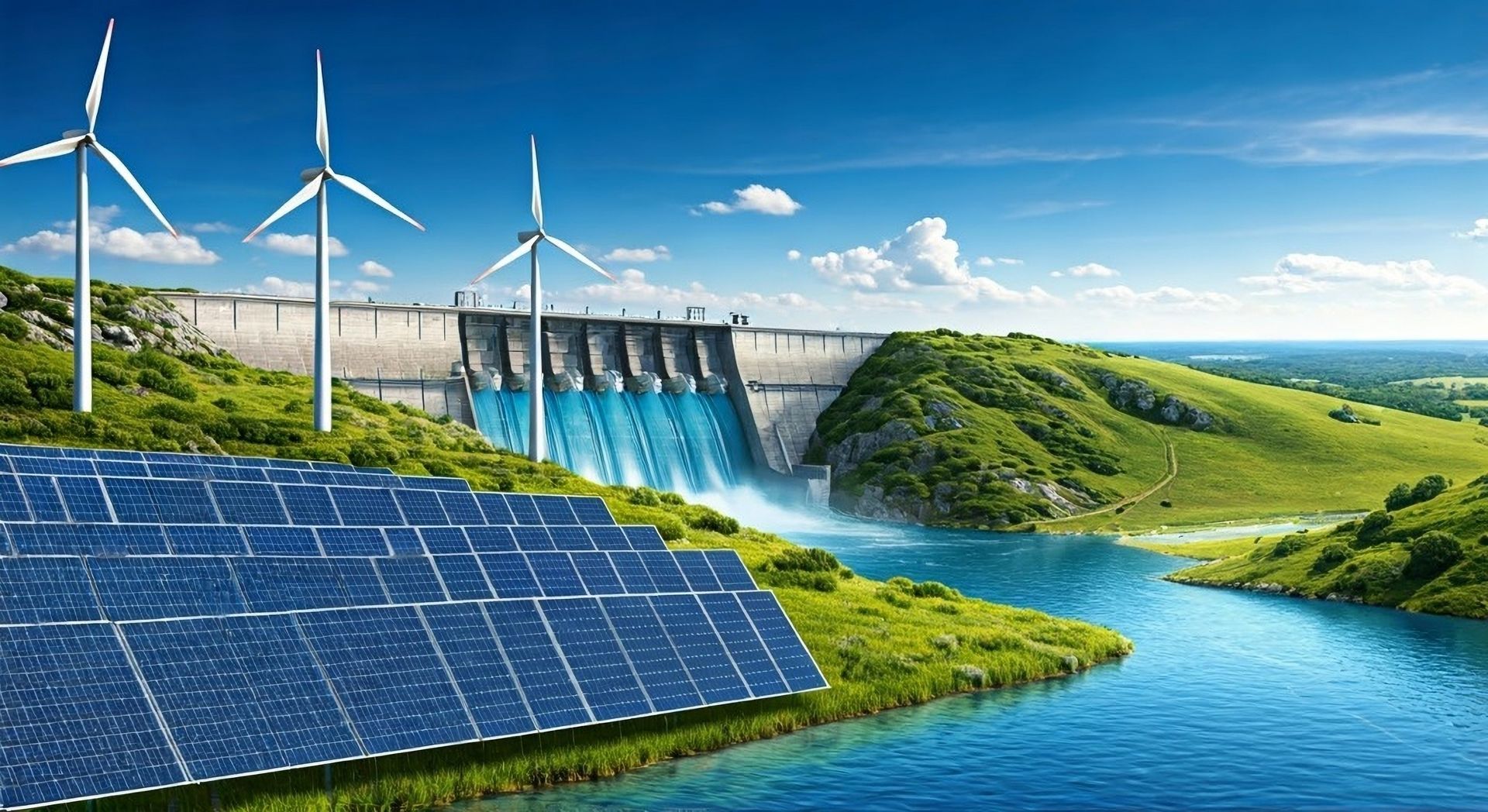 Wind turbines, solar panels, and a dam generating renewable energy in a scenic landscape.