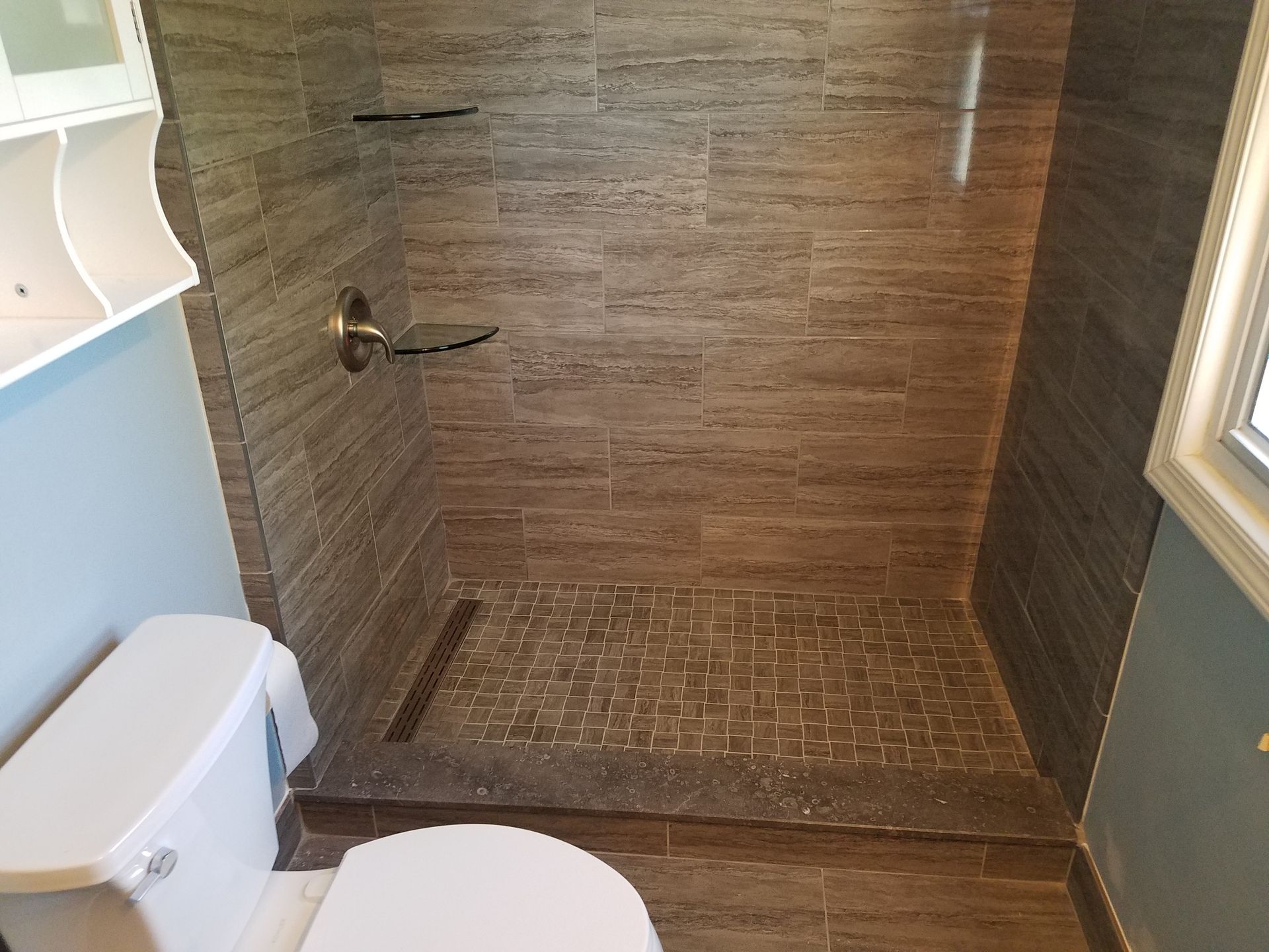 A bathroom with a toilet and a walk in shower.