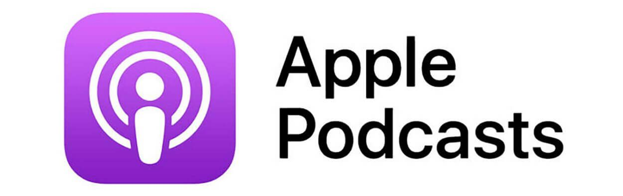Apple Podcasts logo, purple background, white podcast icon, and the words 