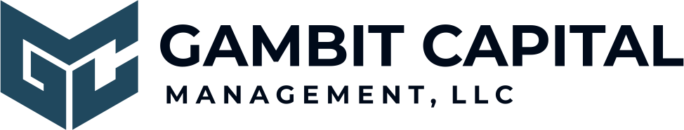 Logo for Gambit Capital, a financial management company. It has a blue and white geometric design and black text.