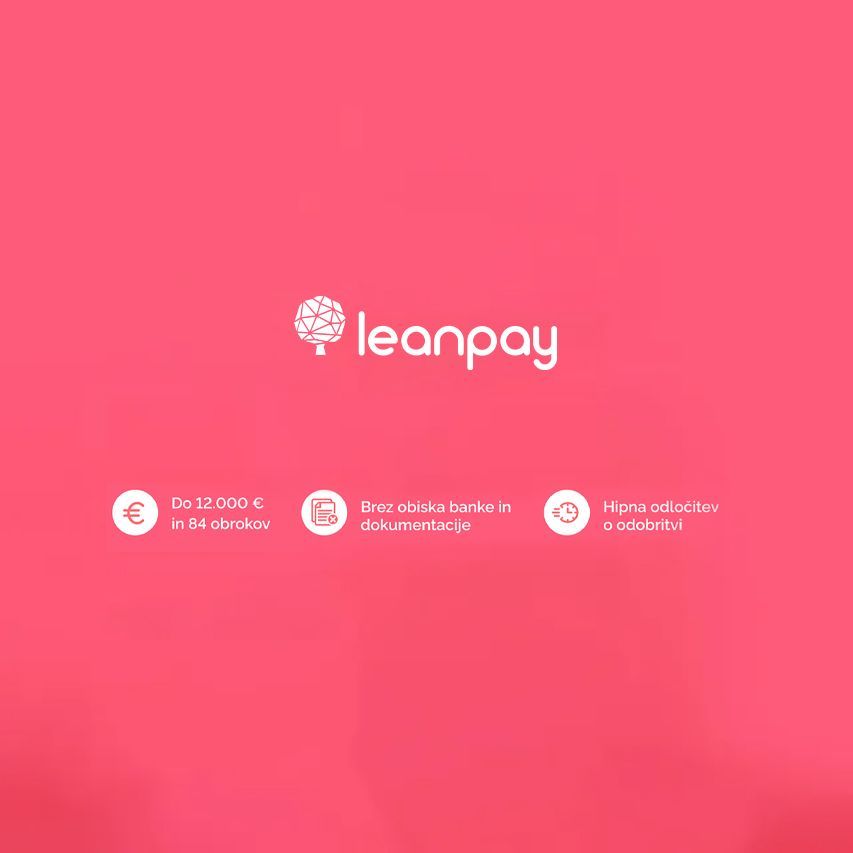 Logotip Leanpay na roza ozadju z ikonami in besedilom, ki opisuje storitve.