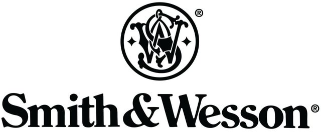 Črno-bel logotip za smith & wesson na belem ozadju.