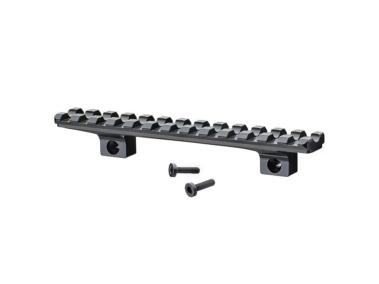 Črna tirnica z dvema vijakoma na belem ozadju.