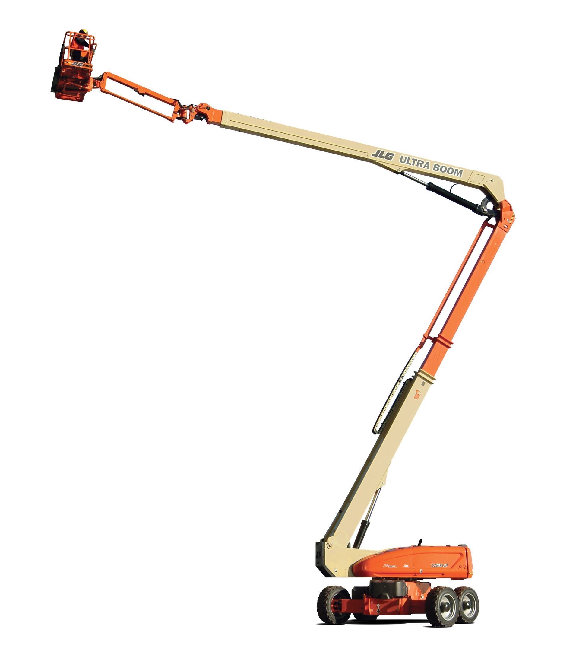 A small orange aerial lift on a white background.