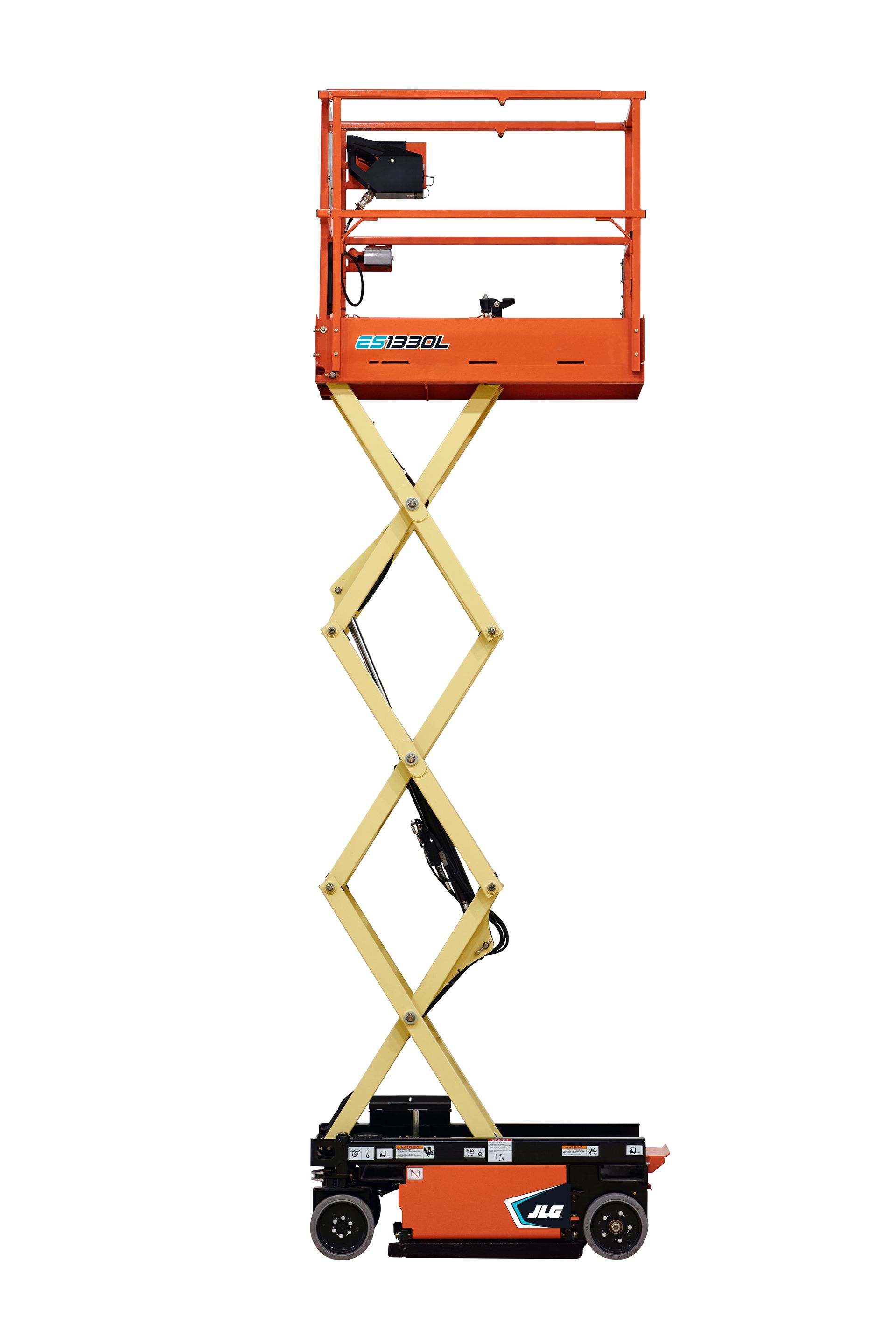 A jlg aerial lift with a very long pole on a white background.