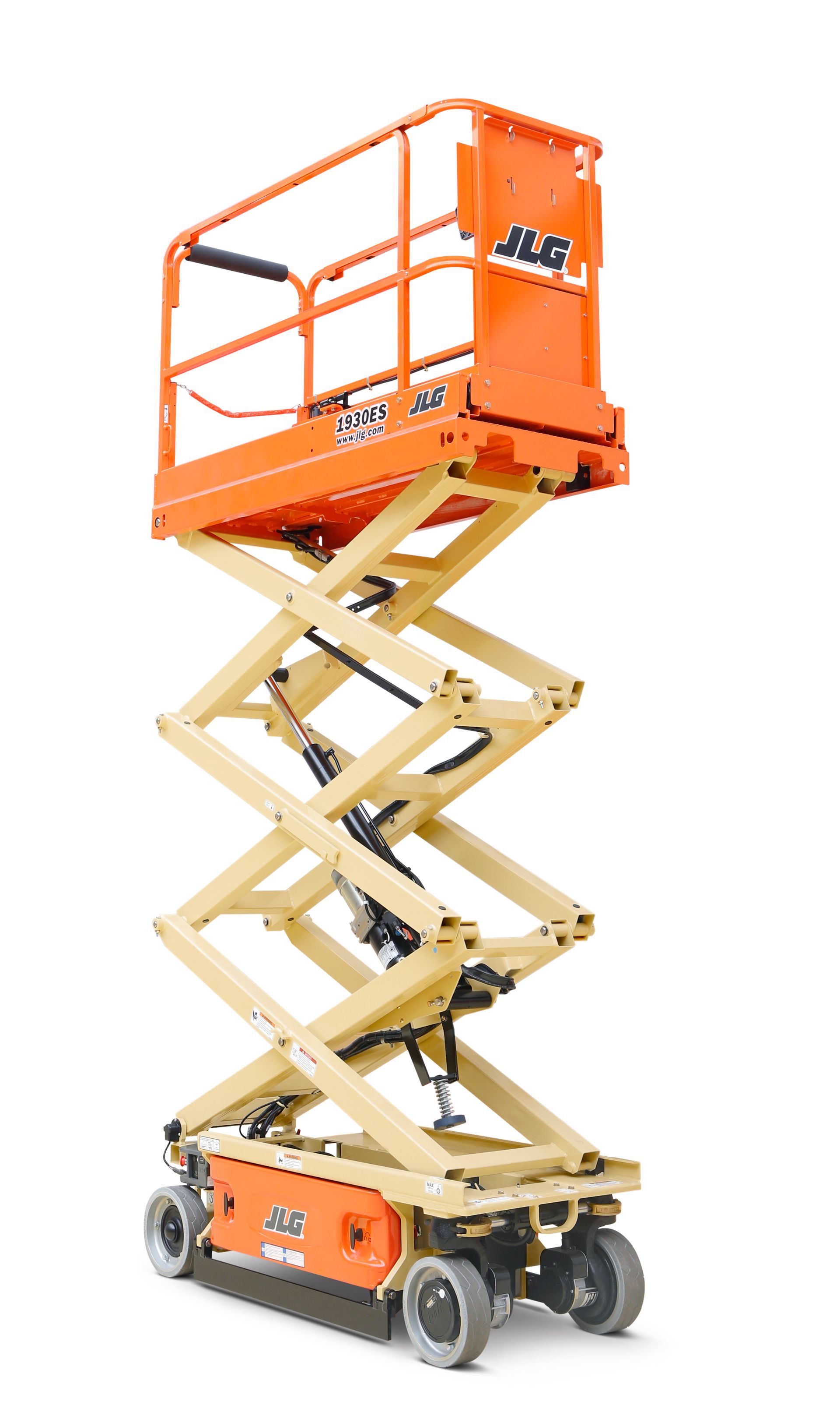 An orange scissor lift with wheels on a white background.