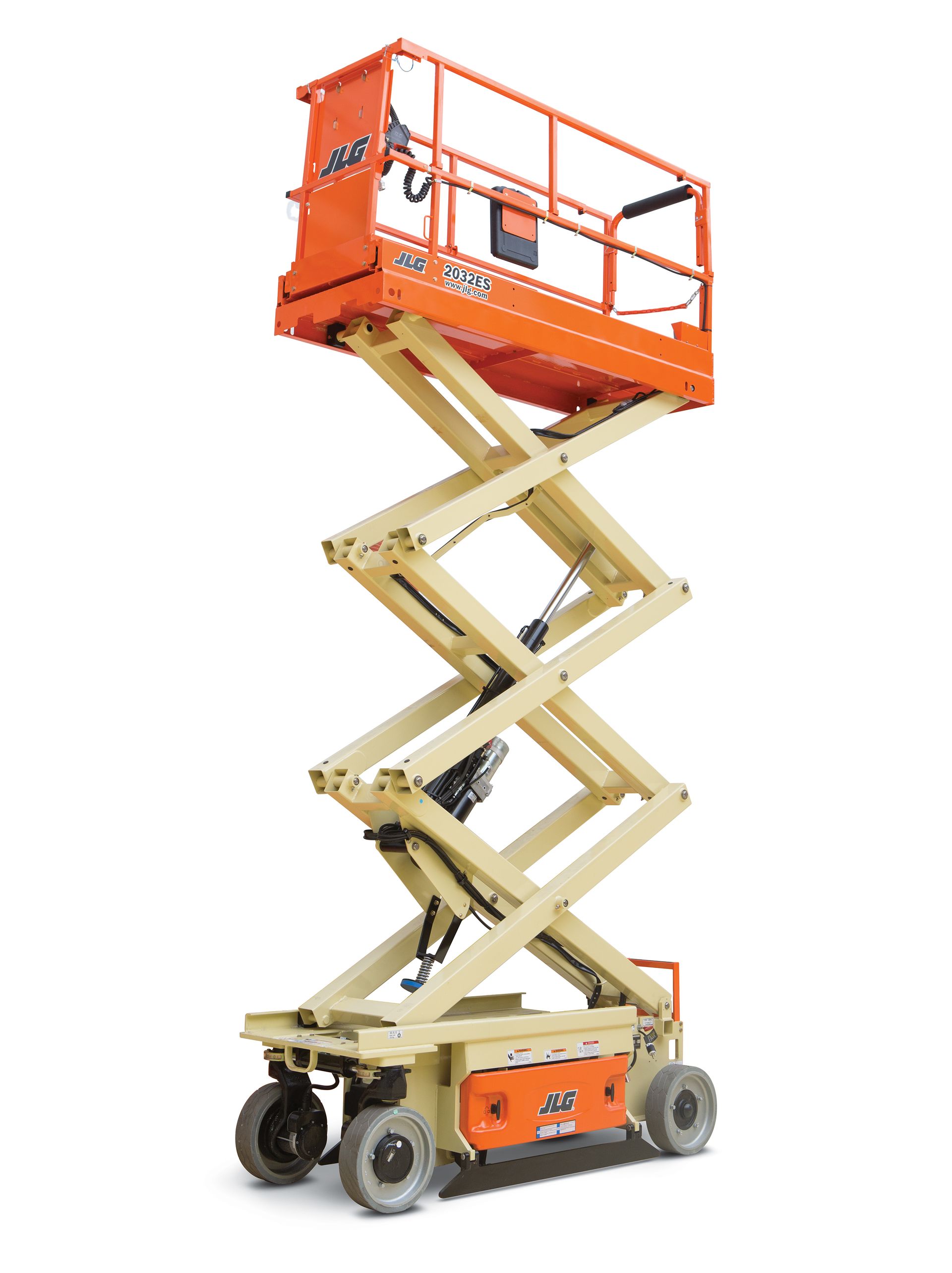 An orange scissor lift with wheels on a white background.