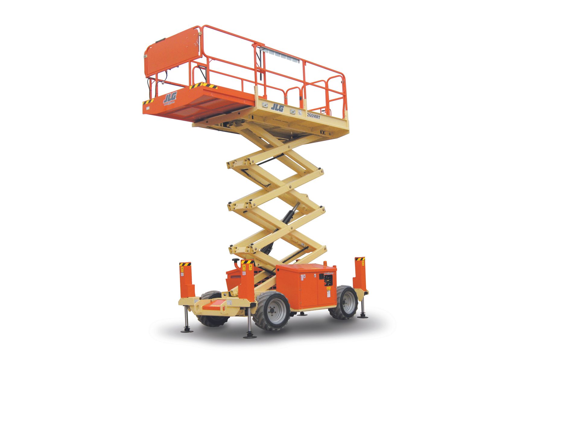 A scissor lift is sitting on top of a truck on a white background.