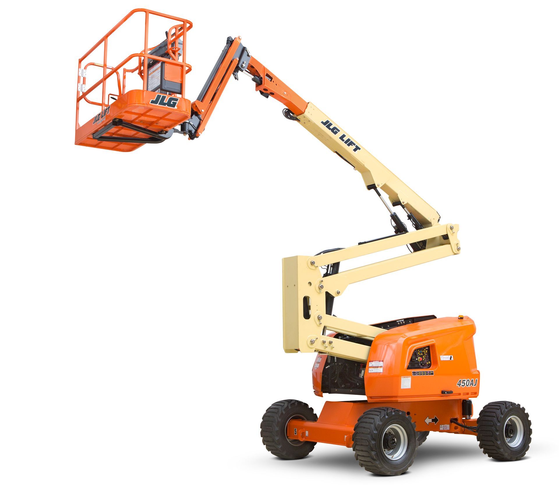 A very tall aerial lift with a cage on top of it on a white background.